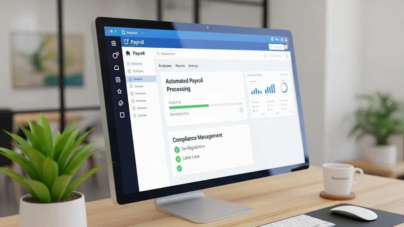 Close-up of payroll software features on a computer screen in a modern office