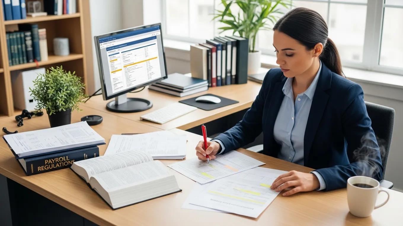 Compliance officer reviewing payroll regulations and documents in an office