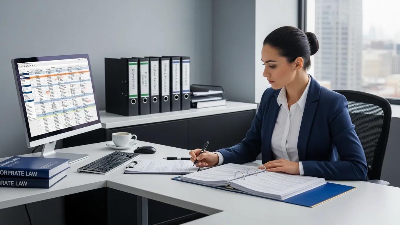 Compliance officer reviewing labor regulations to manage risks in HR outsourcing versus in-house HR