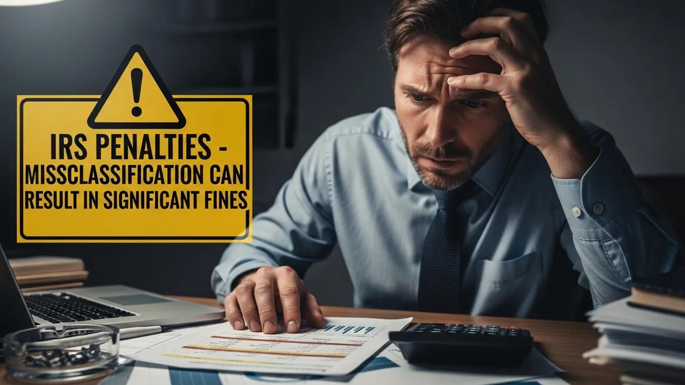 Concerned business owner reviewing financial documents related to worker misclassification risks