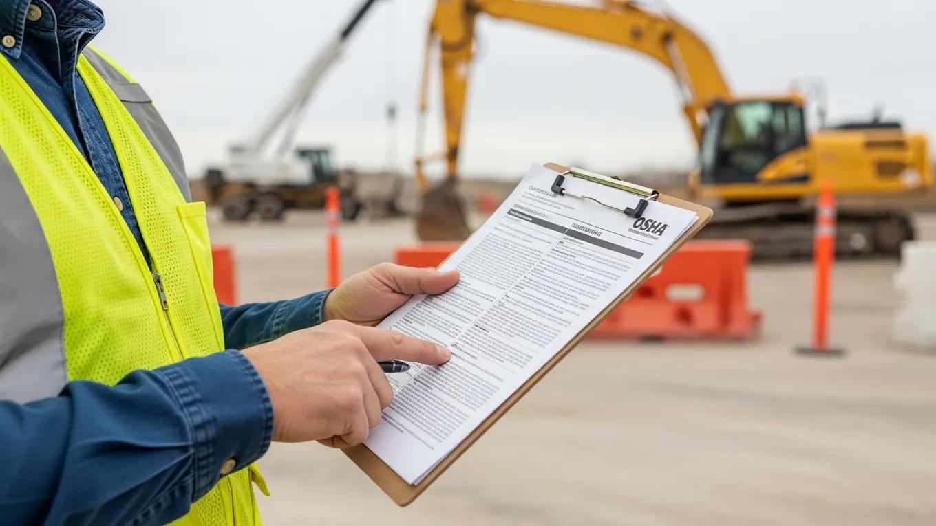 Construction worker reviewing OSHA compliance documents and safety protocols at a construction site