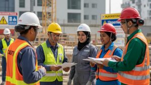 Construction workers in PPE engaged in safety training at a construction site