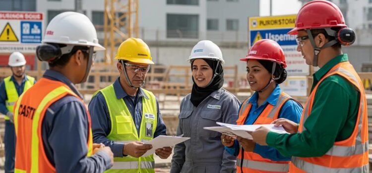 Construction workers in PPE engaged in safety training at a construction site