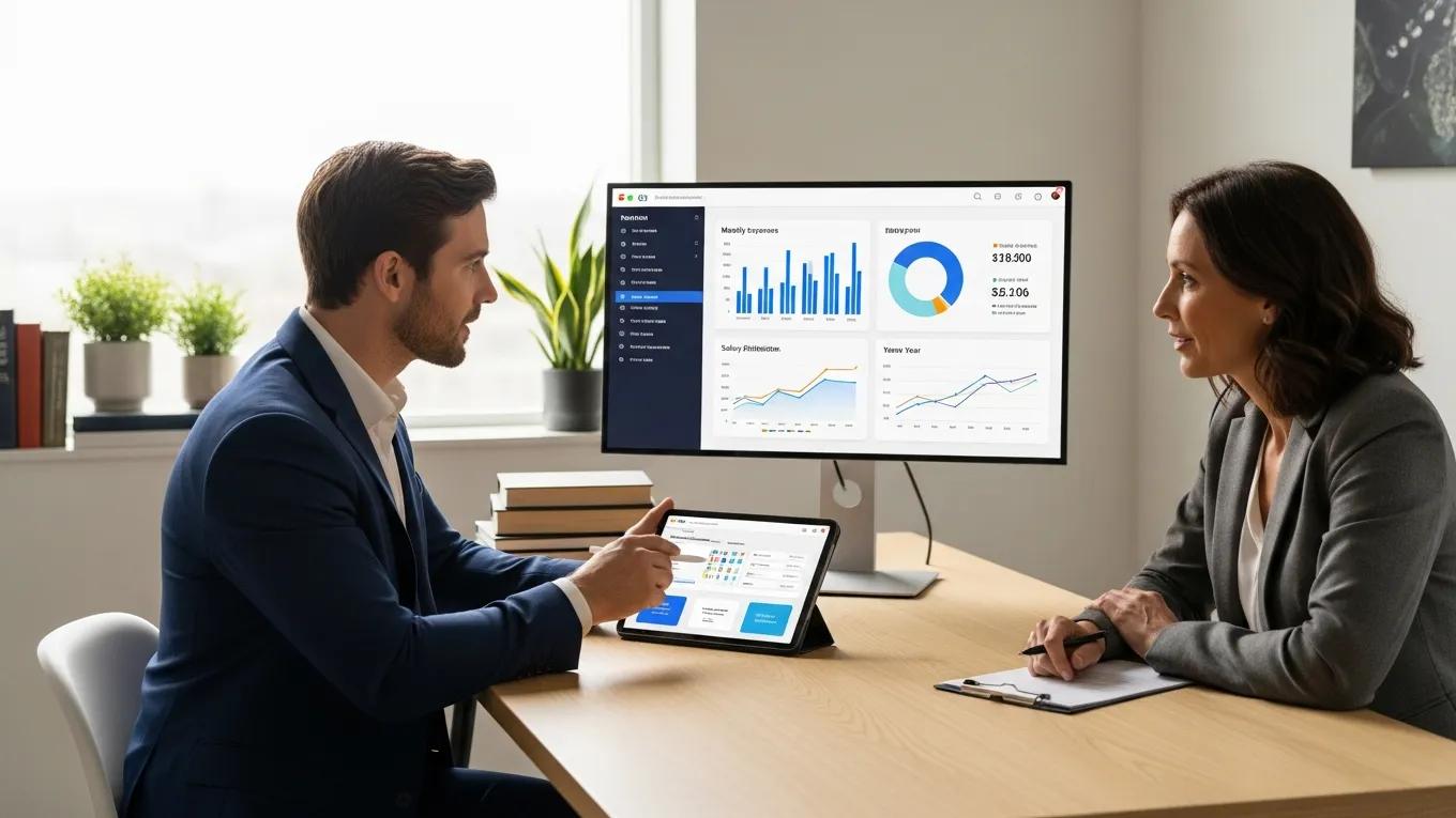 Consultant discussing payroll reconciliation solutions with a business owner in a modern office