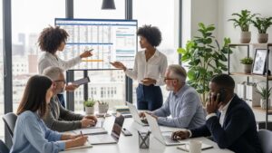 Diverse team collaborating on payroll administration and compliance management in a modern office setting