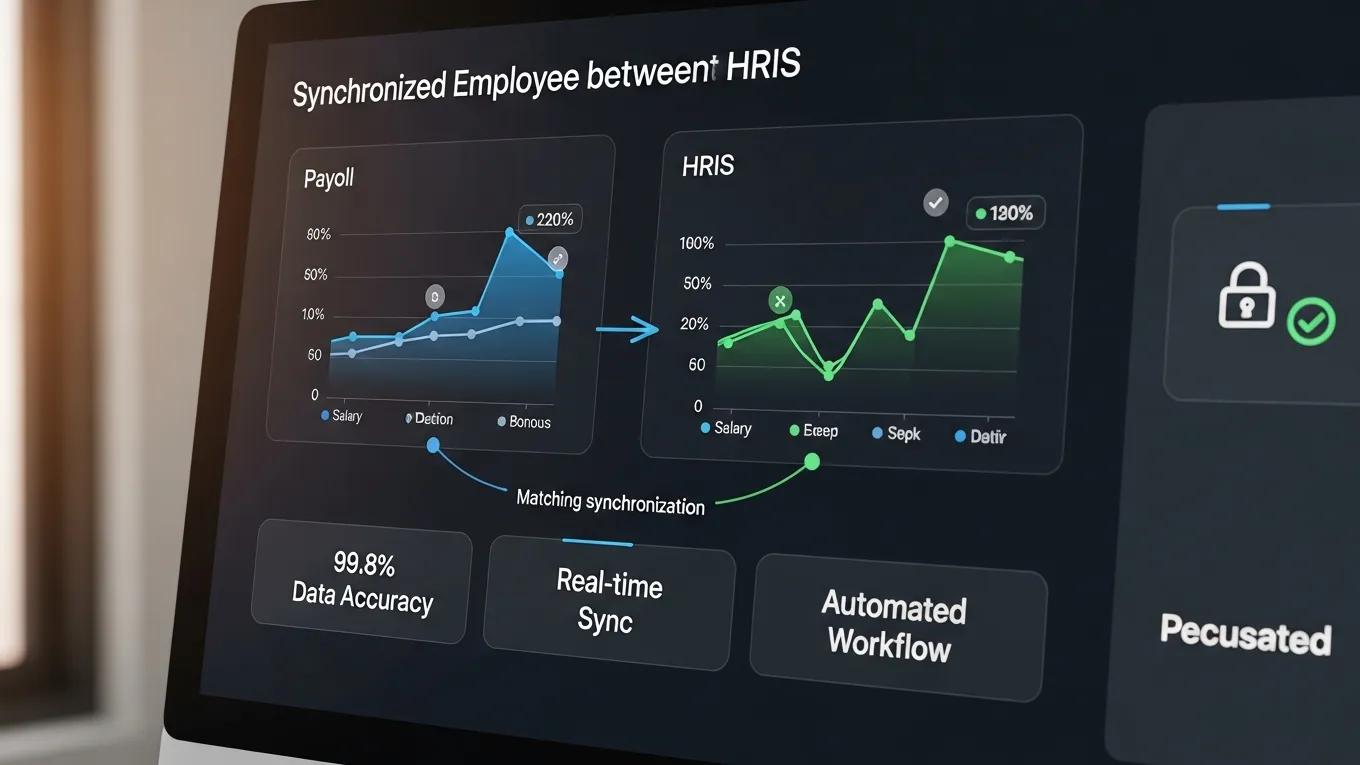 Digital dashboard showing synchronized employee data between payroll and HRIS systems