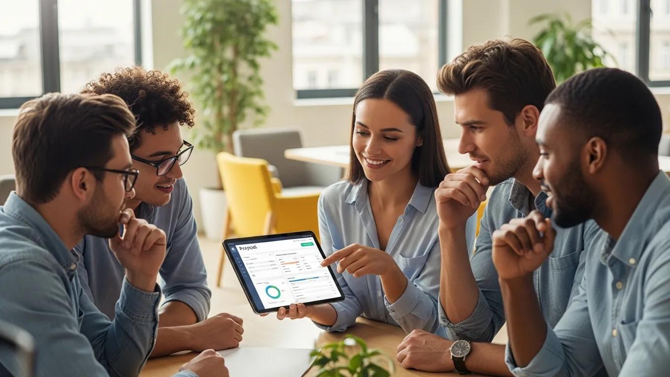Diverse group of employees collaborating on payroll software features using a tablet in a modern office setting.