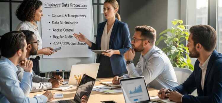Diverse employees discussing data privacy in a modern office setting