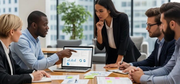 Diverse employees discussing final paycheck requirements in a modern office setting