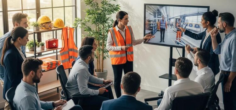 Diverse employees engaged in a safety training session in a modern office