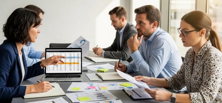 Diverse group of employers discussing payroll compliance in a modern office
