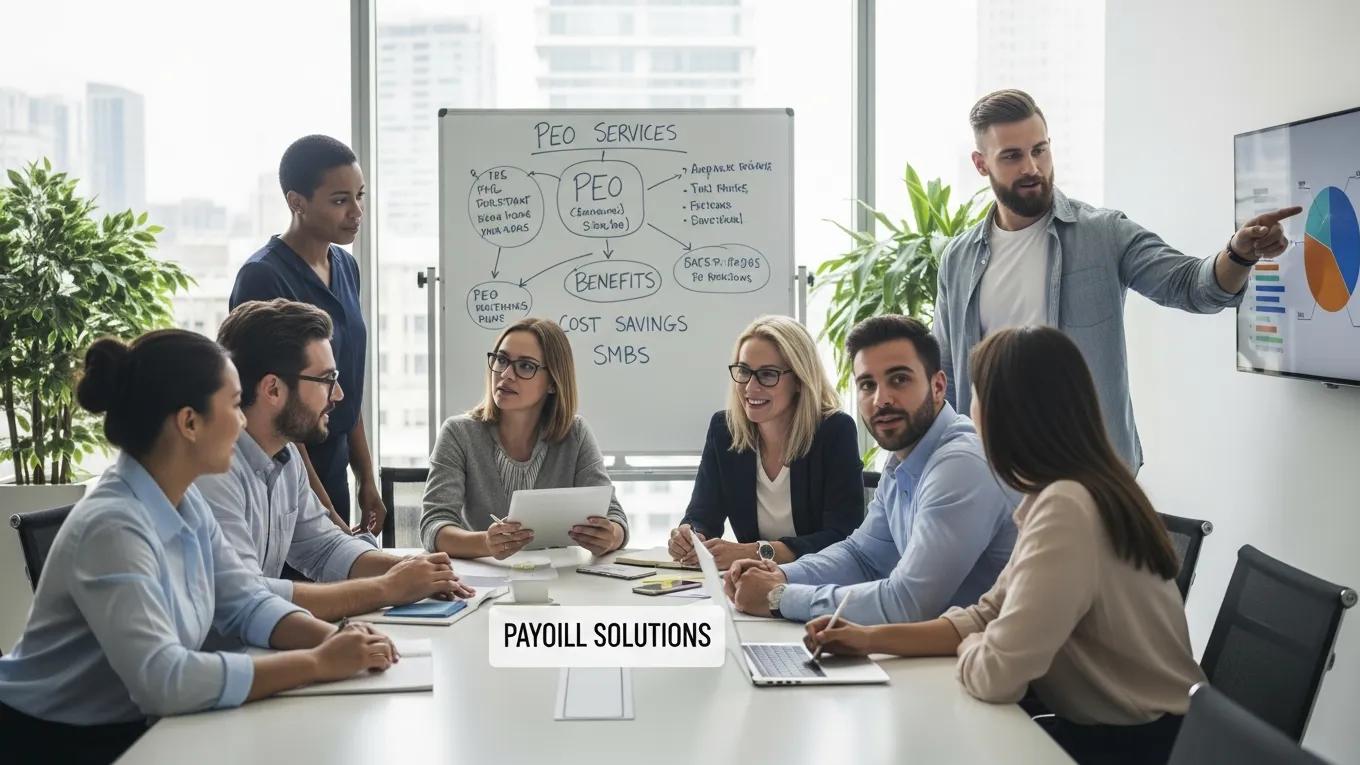Diverse professionals collaborating on payroll solutions in a modern office