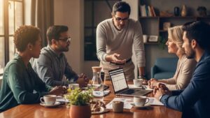 Diverse professionals discussing payroll compliance in a modern office setting