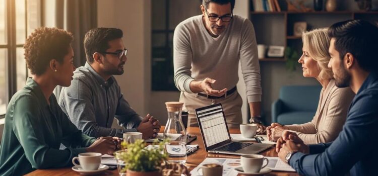 Diverse professionals discussing payroll compliance in a modern office setting