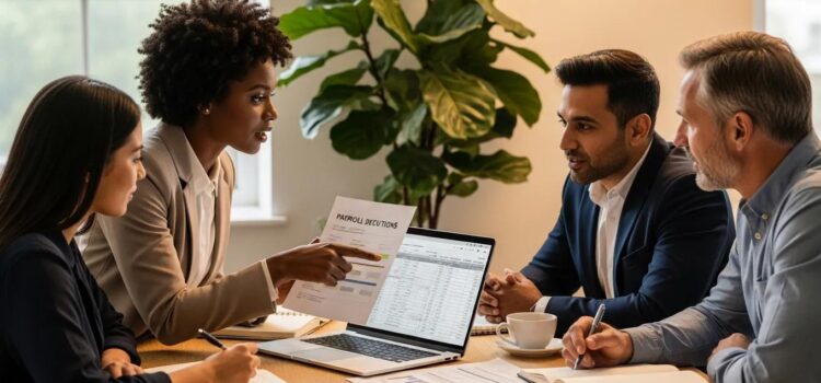 Diverse professionals discussing payroll deductions in a modern office setting