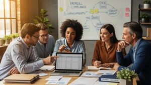 Diverse professionals discussing payroll management in a modern office, emphasizing compliance and garnishments