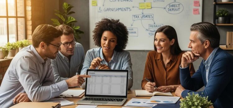 Payroll Garnishments and Deductions Guide Diverse professionals discussing payroll management in a modern office, emphasizing compliance and garnishments