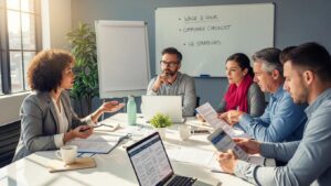 Diverse small business owners discussing employment law compliance in a modern office