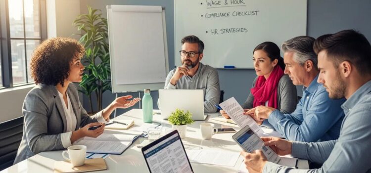 Diverse small business owners discussing employment law compliance in a modern office