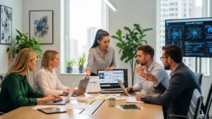 Employees collaborating on payroll data security strategies in a modern office setting
