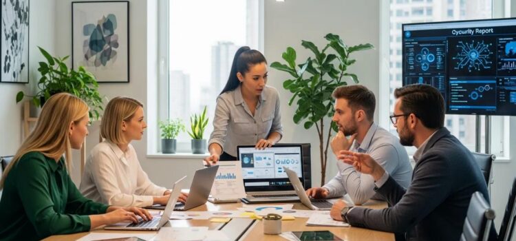 Employees collaborating on payroll data security strategies in a modern office setting