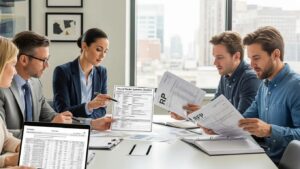 Business professionals reviewing payroll vendor evaluation checklist and RFP documents in a modern office setting