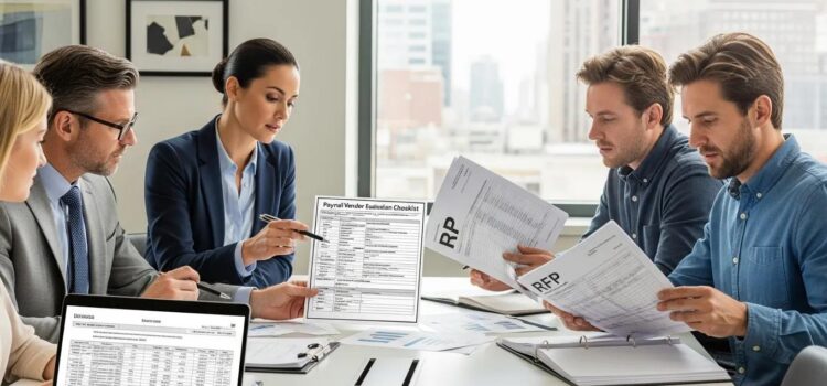 Business professionals reviewing payroll vendor evaluation checklist and RFP documents in a modern office setting