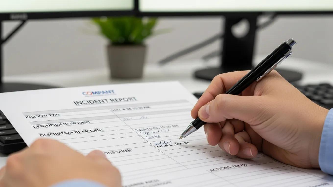 Employee filling out a standardized incident report form in an office