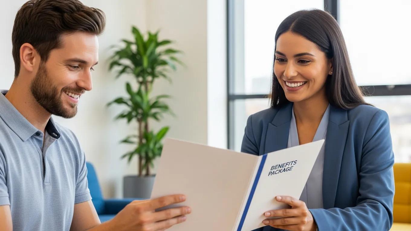 HR representative explaining benefits to an employee, illustrating PEO value