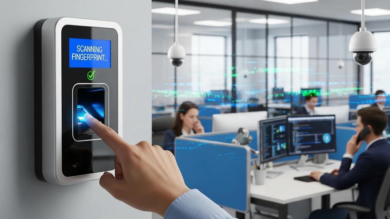 Employee using a biometric time clock for secure time tracking