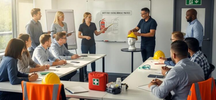 Employees engaged in a workplace safety training session, showcasing teamwork and safety equipment