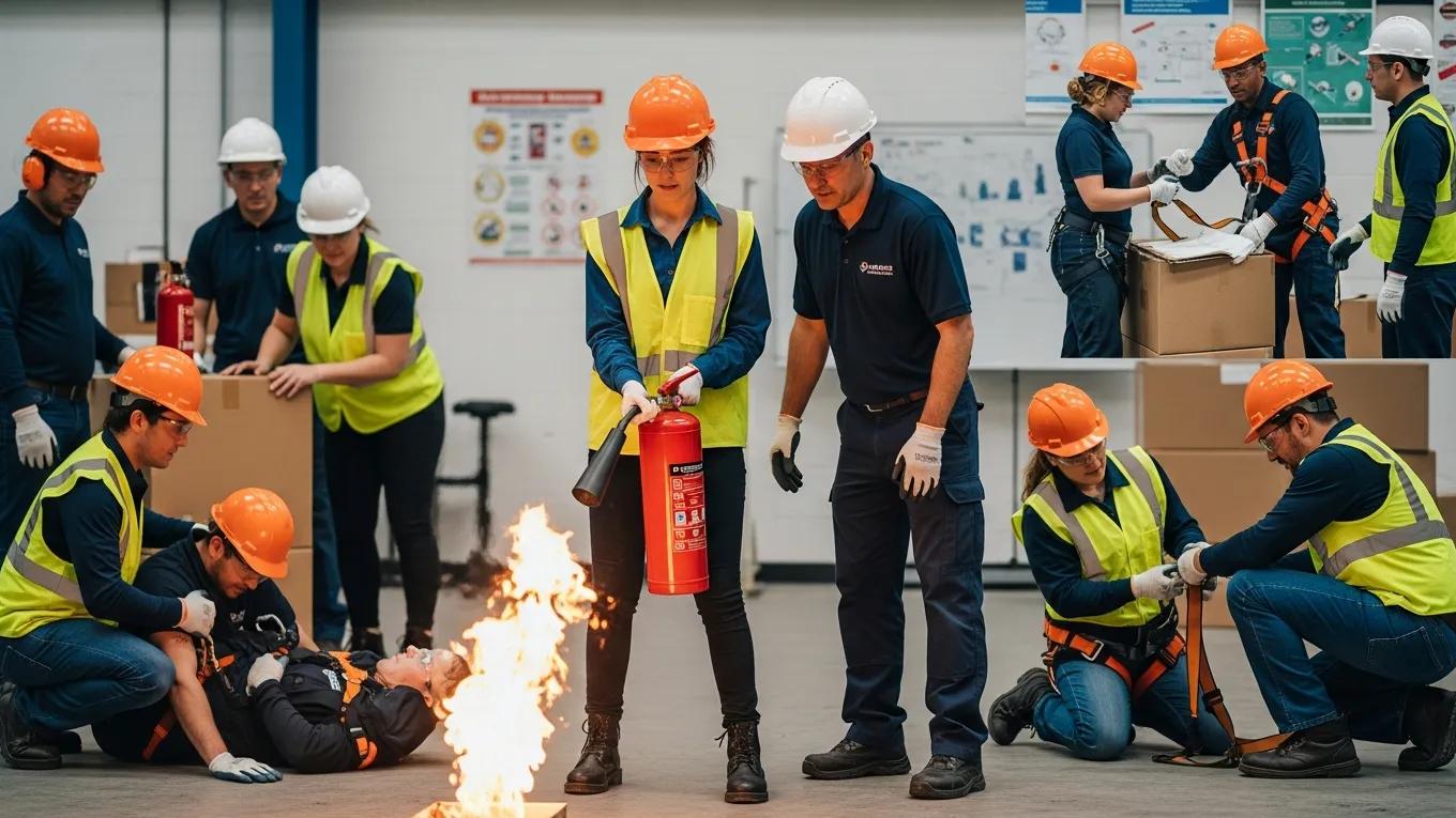 Employees participating in a hands-on safety training workshop, practicing emergency procedures