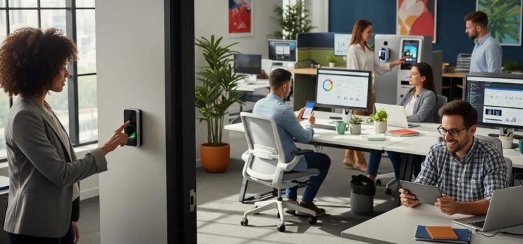 Employees using time and attendance systems in a modern office environment
