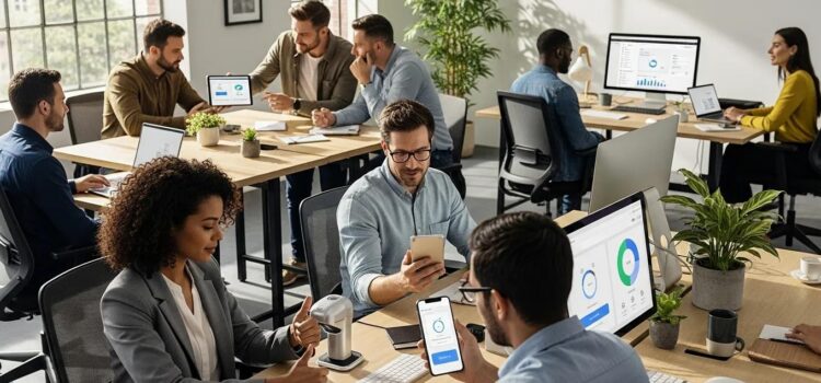 Employees using time tracking devices in a modern office environment