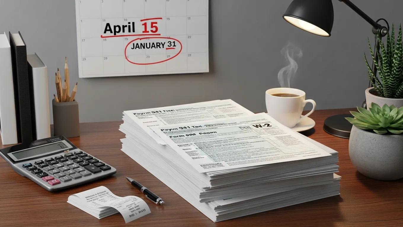 Essential federal payroll tax forms arranged on a desk with a calendar