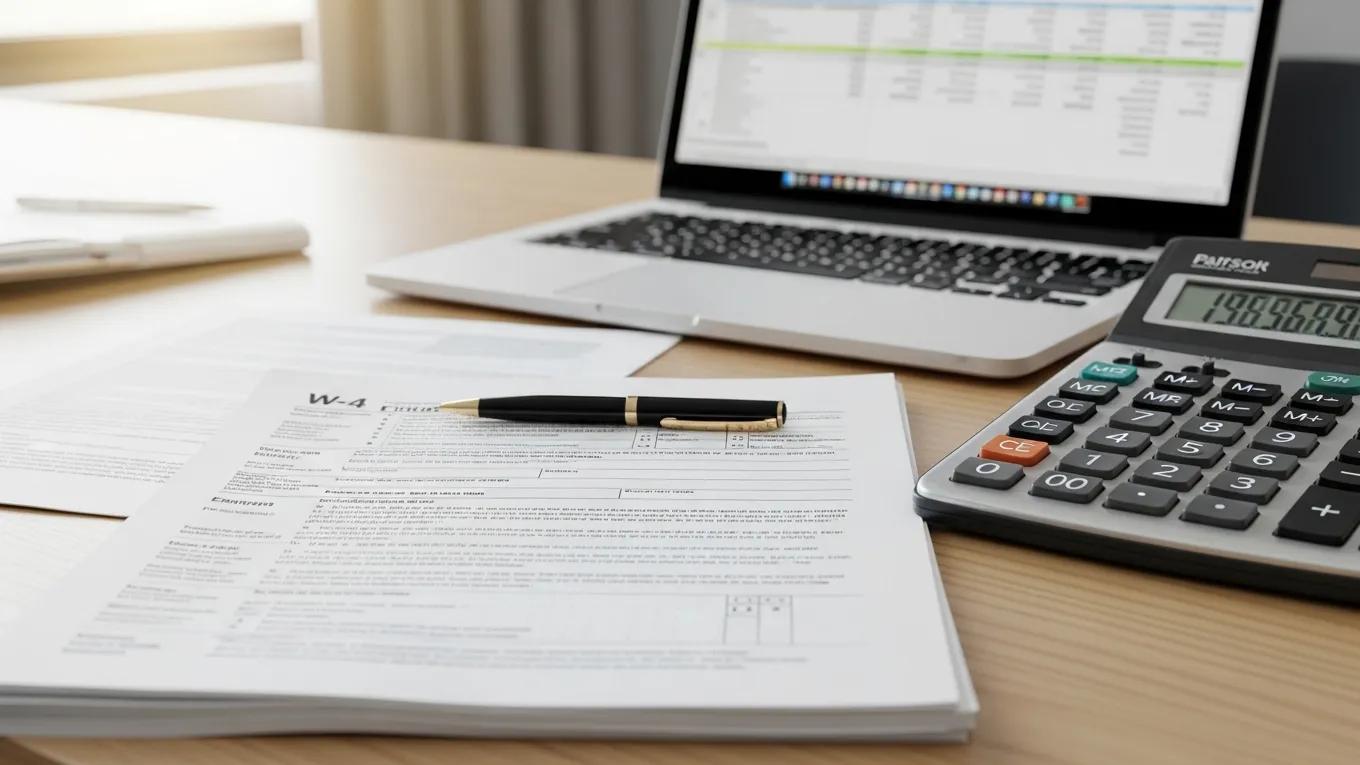 Payroll tax registration documents including calculator and laptop for new company payroll setup