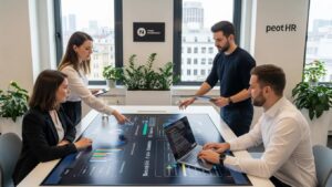 HR professionals collaborating on payroll and benefits integration in a modern office
