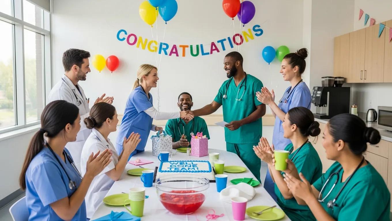 Healthcare team celebrating employee achievements to boost retention and engagement in clinic HR
