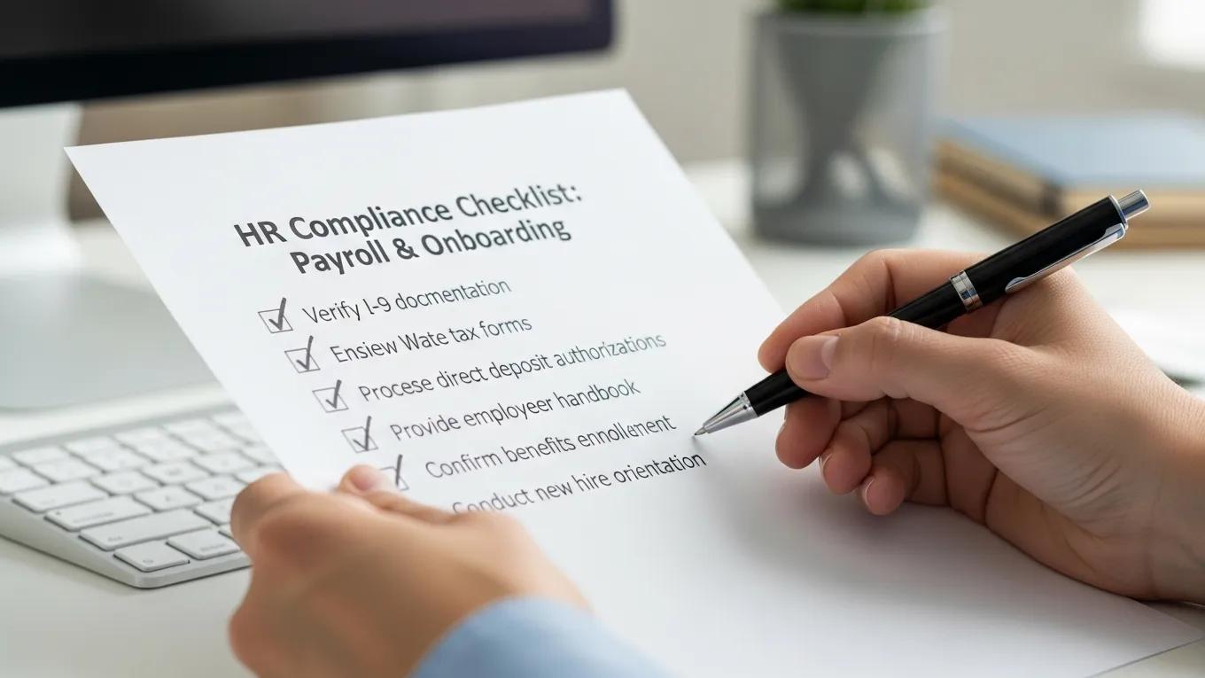 HR manager reviewing a compliance checklist for payroll and onboarding