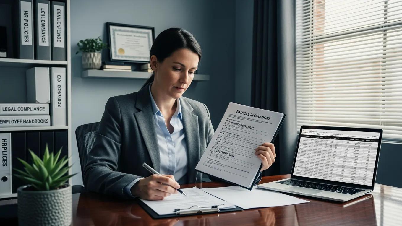 HR manager reviewing compliance documents for payroll and benefits coordination