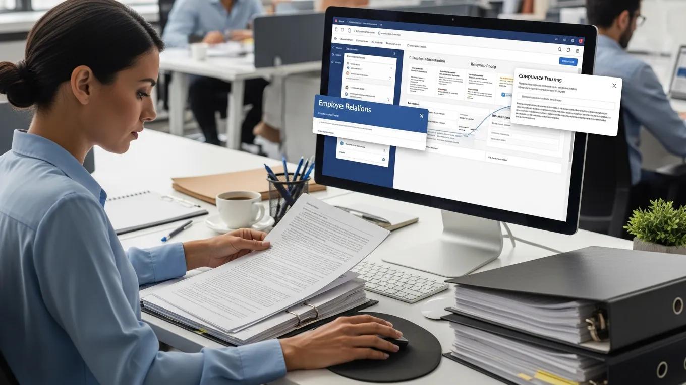 HR professional reviewing compliance documents in an office setting
