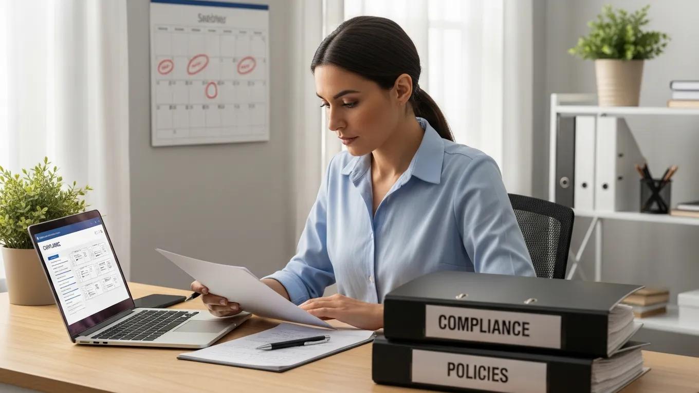 HR professional reviewing compliance documents in an organized office