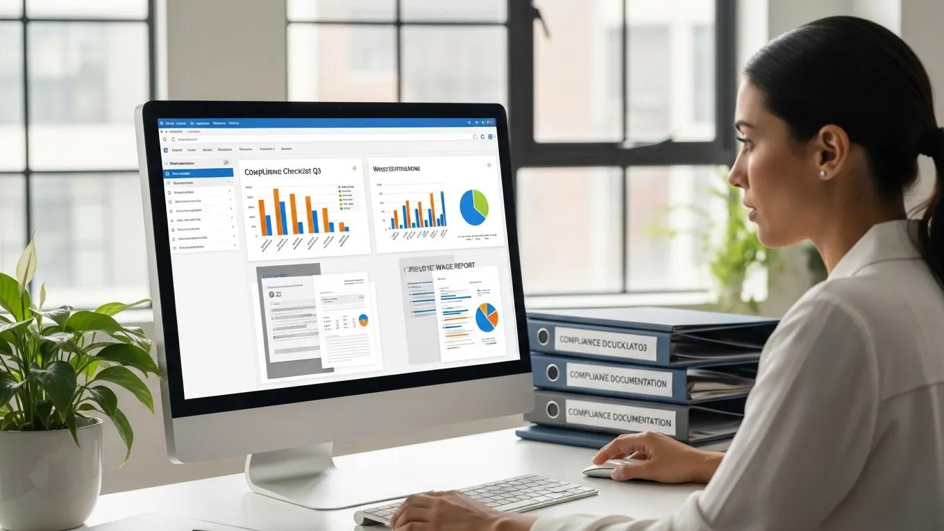 HR professional reviewing employee records for wage compliance in a bright office