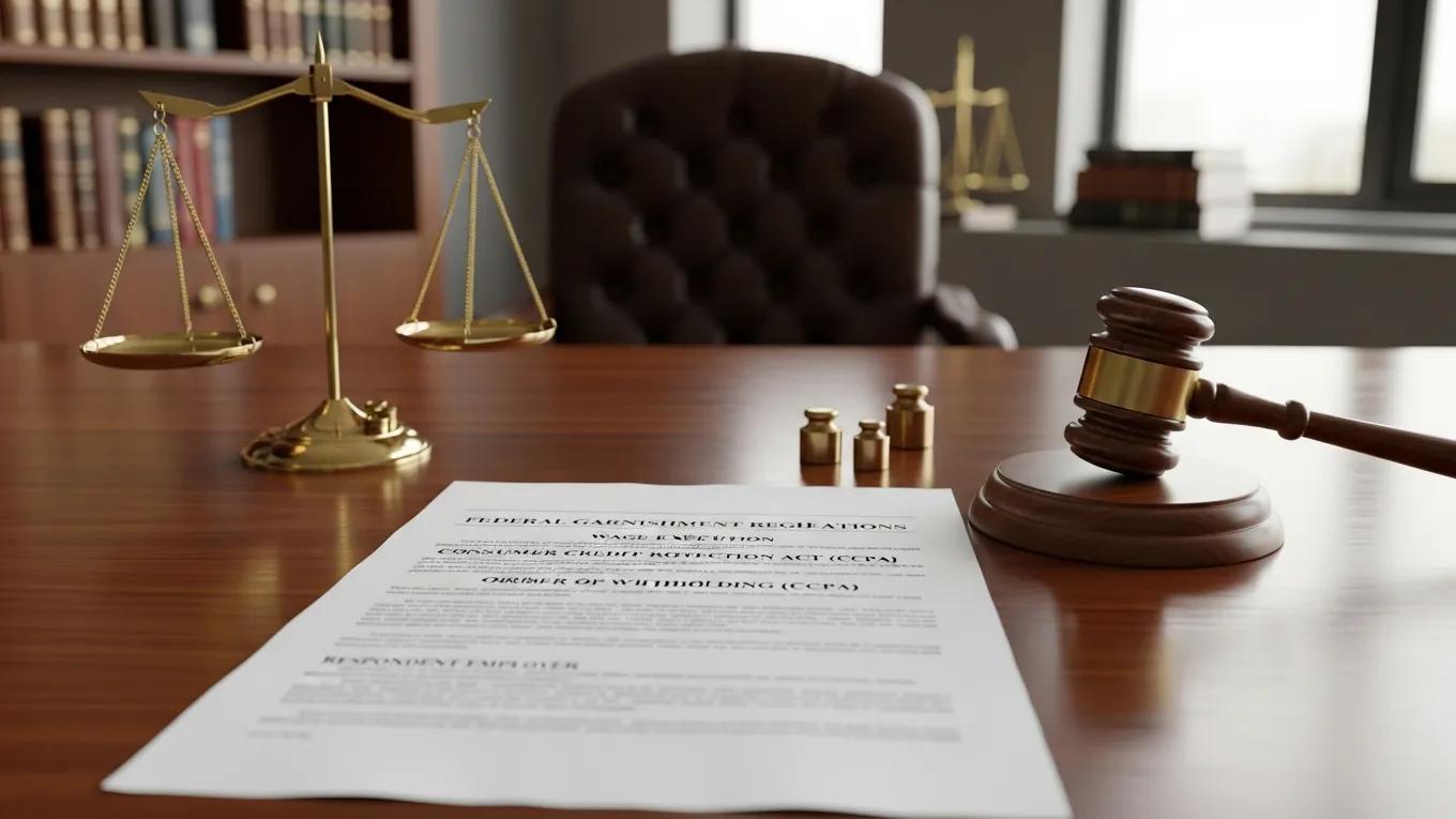 Legal document with gavel and scales of justice symbolizing federal payroll garnishment regulations and wage deduction limits