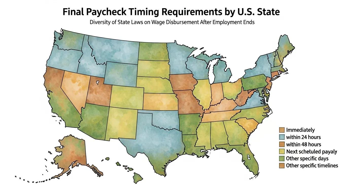 Map of the United States highlighting state-specific final paycheck timing requirements
