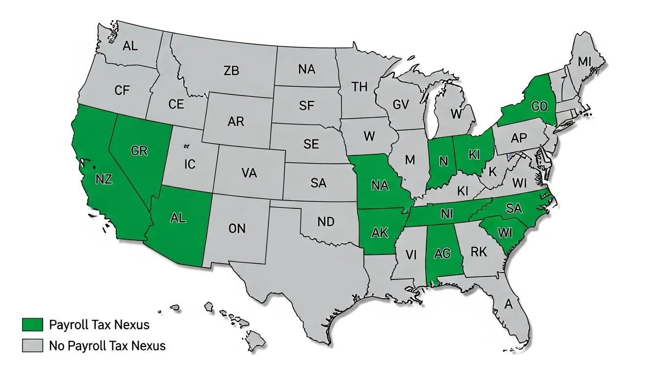 Map of the United States highlighting states with payroll tax nexus obligations