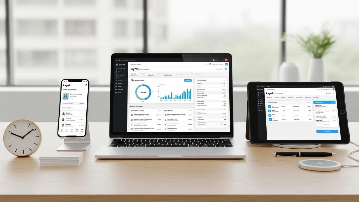 Modern payroll automation tools showcasing software interfaces on various devices