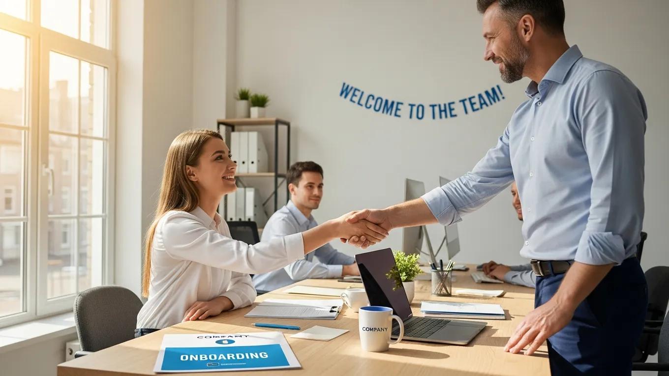 New employee being welcomed by a manager in an inviting office, highlighting effective onboarding for startups