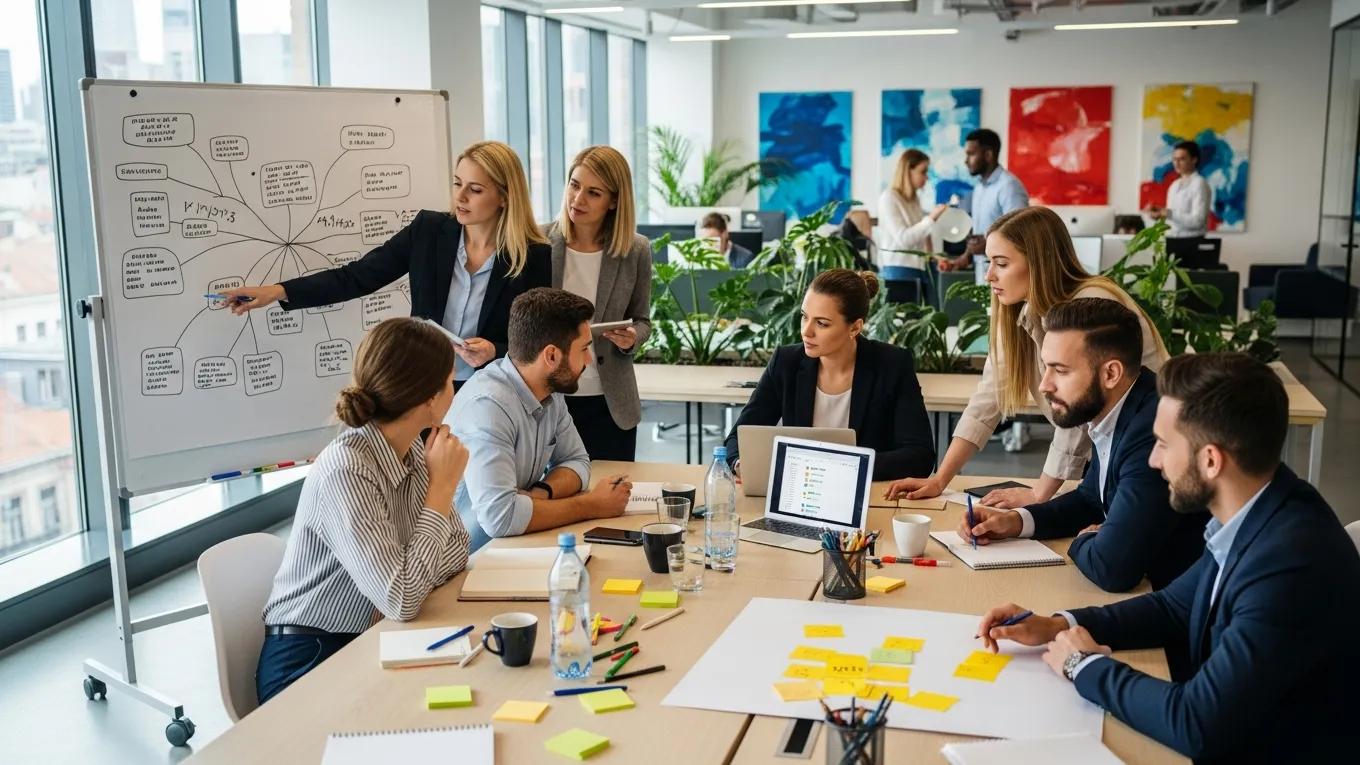 New hires collaborating during a structured team-building exercise in a modern office setting