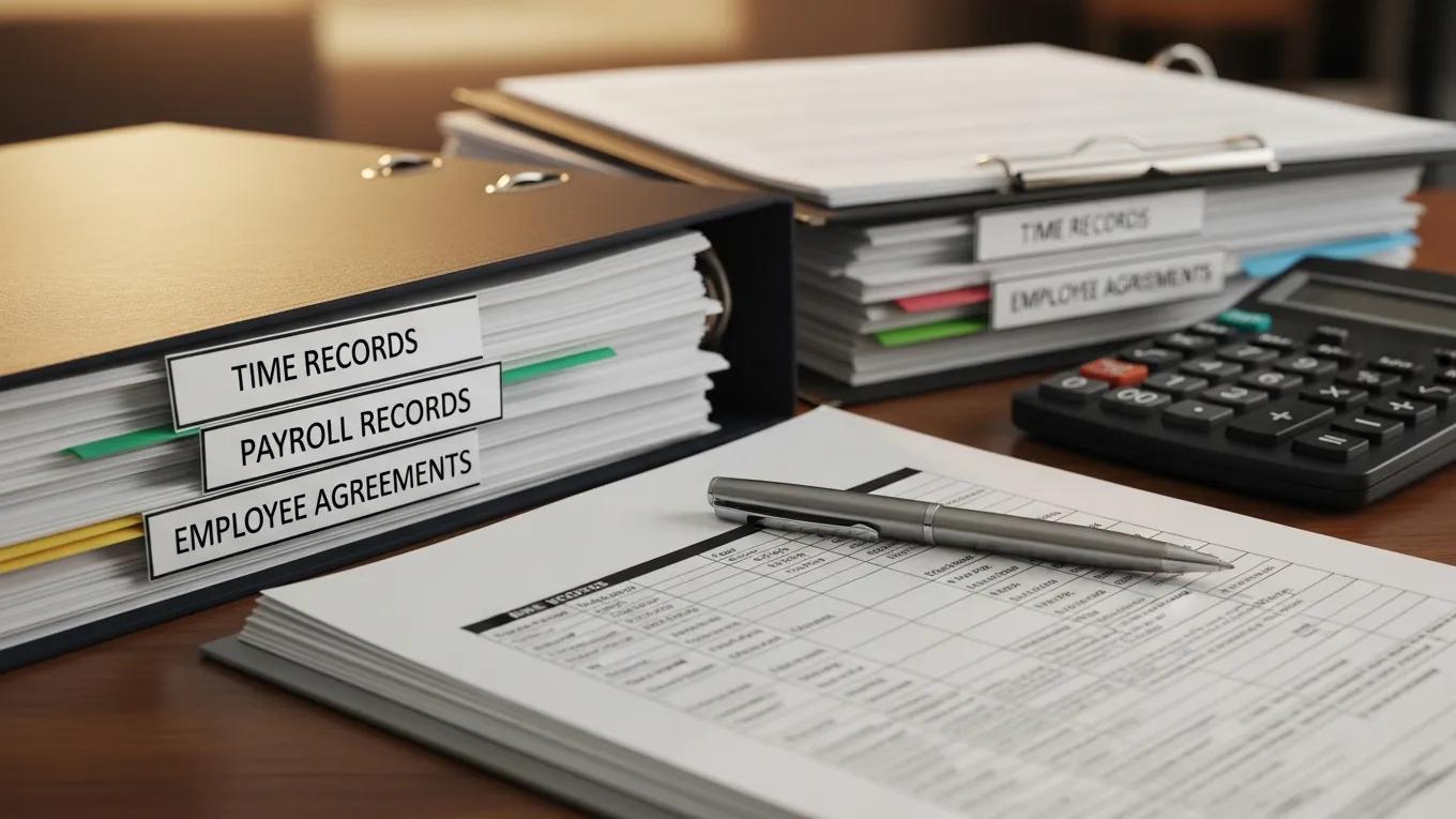 Organized wage and hour law compliance documentation including time and payroll records on a desk